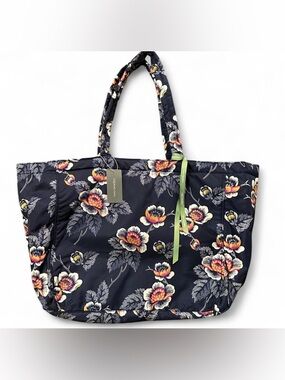 Vera Bradley Navy Floral Quilted Tote with Yellow-Pink Blooms